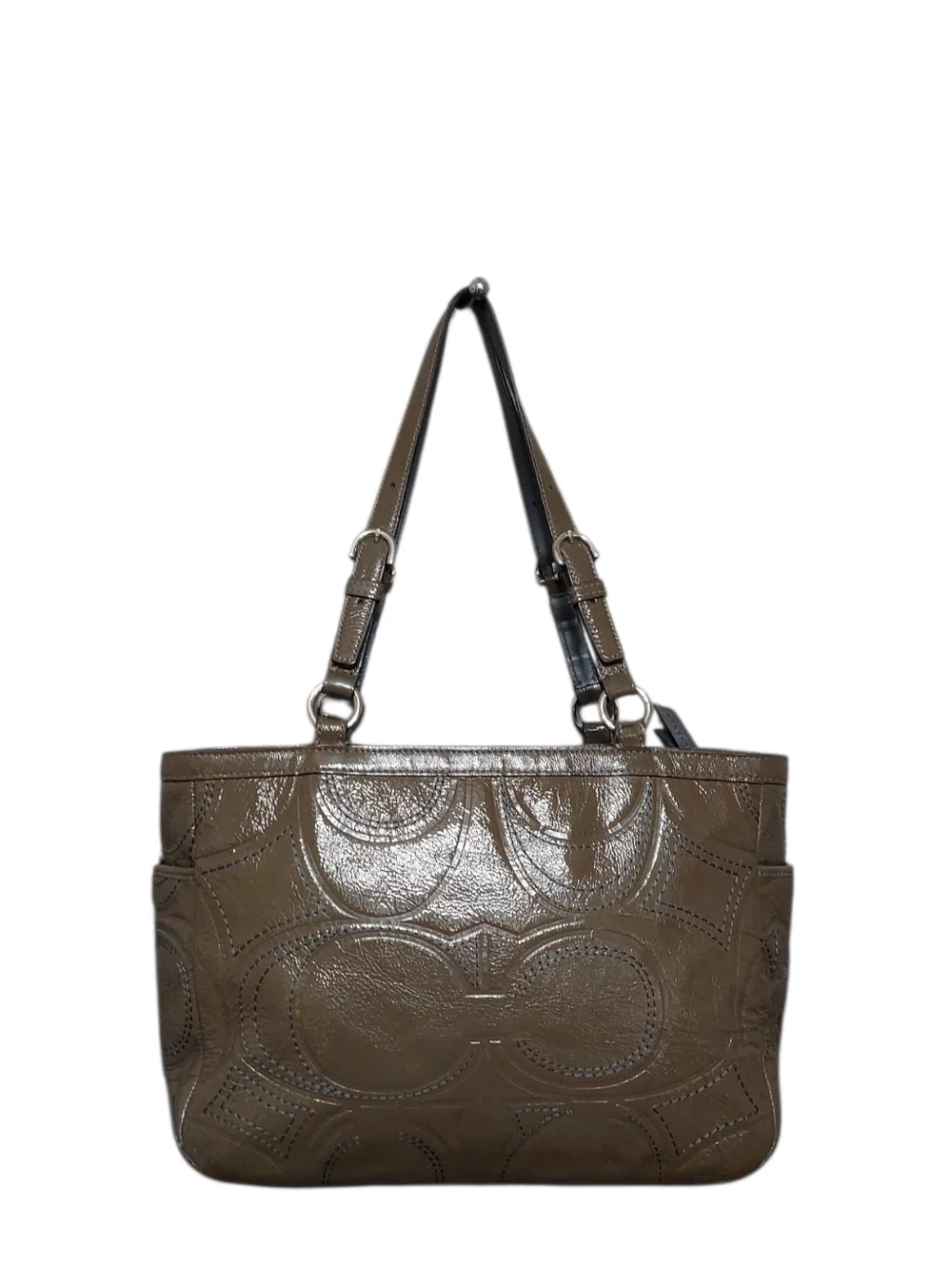 Coach Patent Leather Gallery Shoulder Tote Bag Olive Green With Chrome Hardware
